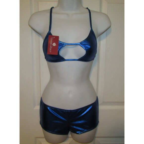 Blue Metallic Booty Short Strappy Top Bikini - NEW - Picture 2 of 9